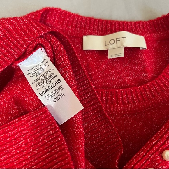 Loft Red Sweater Pearl sleeve Wool Blend Round Neck Long Sleeve size M - Picture 9 of 15